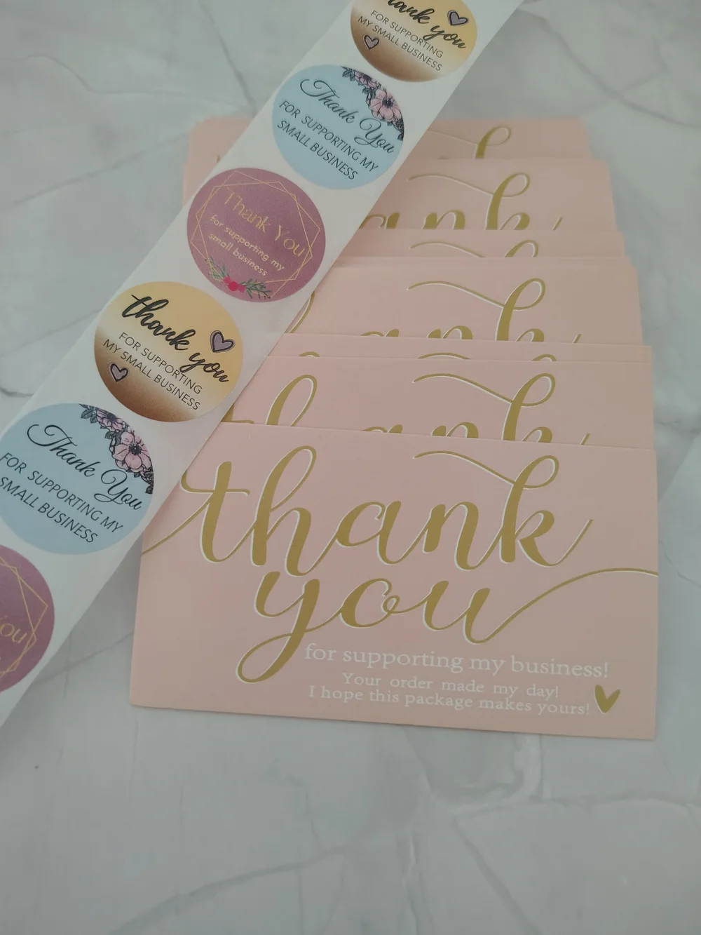 50 Small Business Thank You Cards and Stickers Set - Pink & Gold